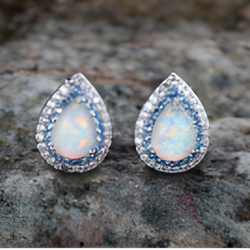Silver-Tone White Simulated Opal Teardrop Stud Earrings With Crystal Halo
