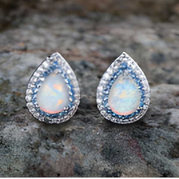 Silver-Tone White Simulated Opal Teardrop Stud Earrings With Crystal Halo
