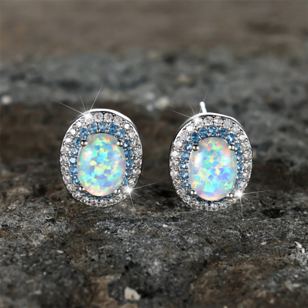 Silver-Tone Haloed White Simulated Opal Egg-Shape Stud Earrings