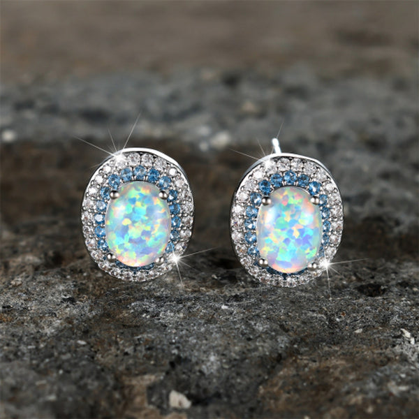 Silver-Tone Haloed White Simulated Opal Egg-Shape Stud Earrings