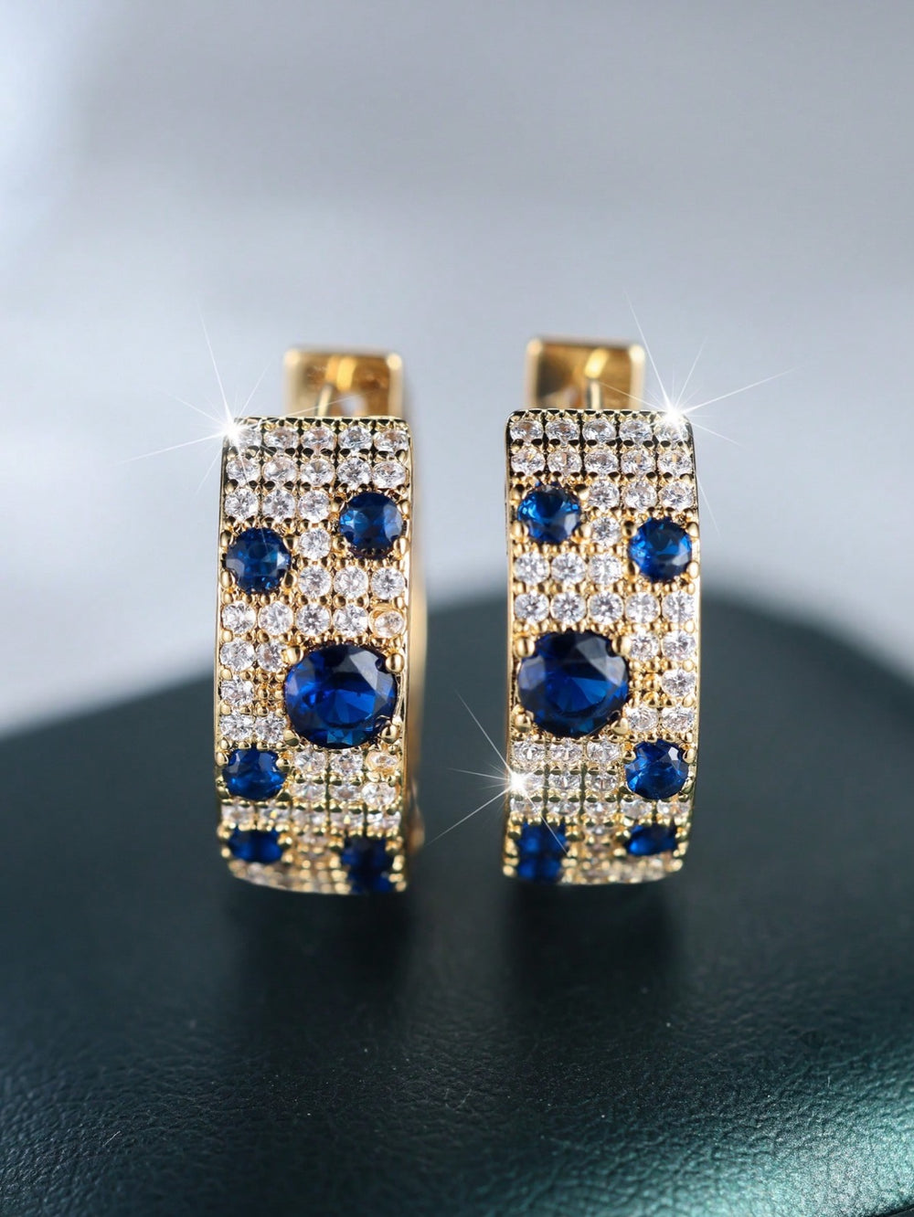 Gold-Tone Royal Blue & White Crystal Pave Wide Huggie Earrings