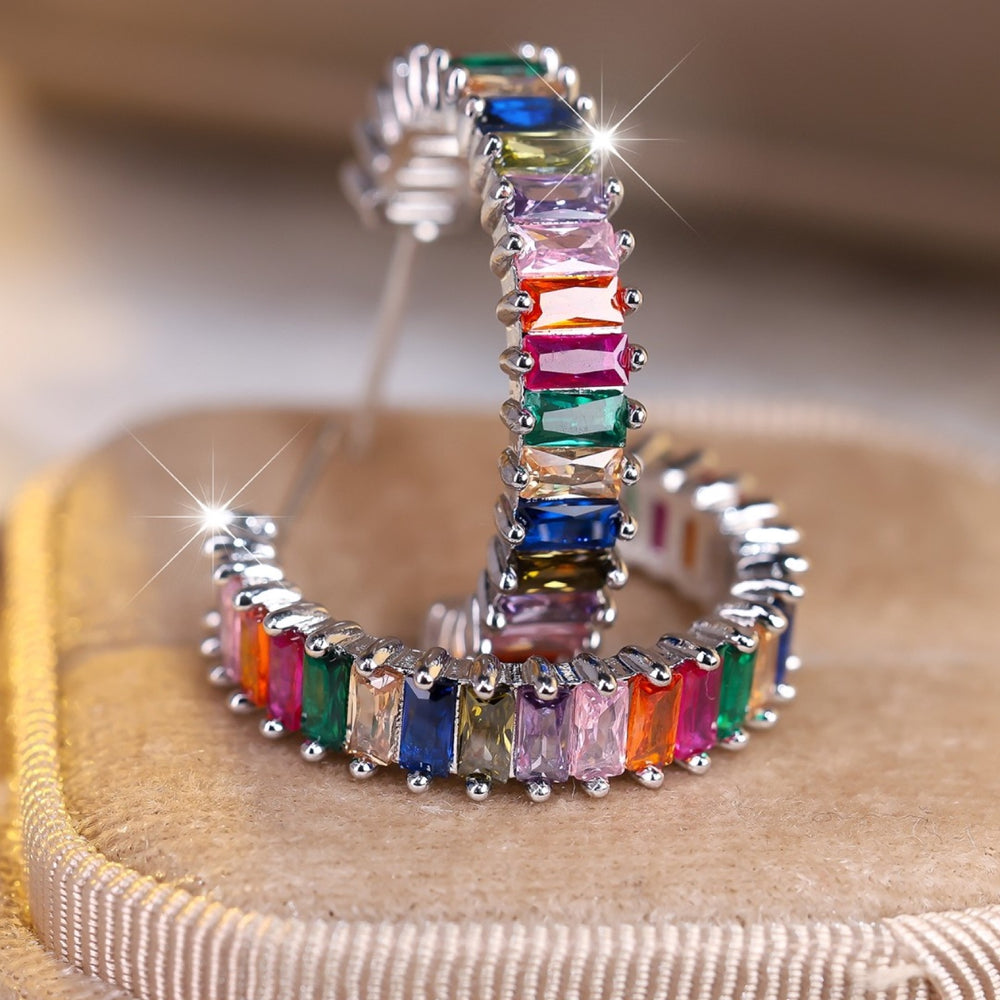 Silver-Tone Rainbow Baguette Crystal C-Hoop Earrings
