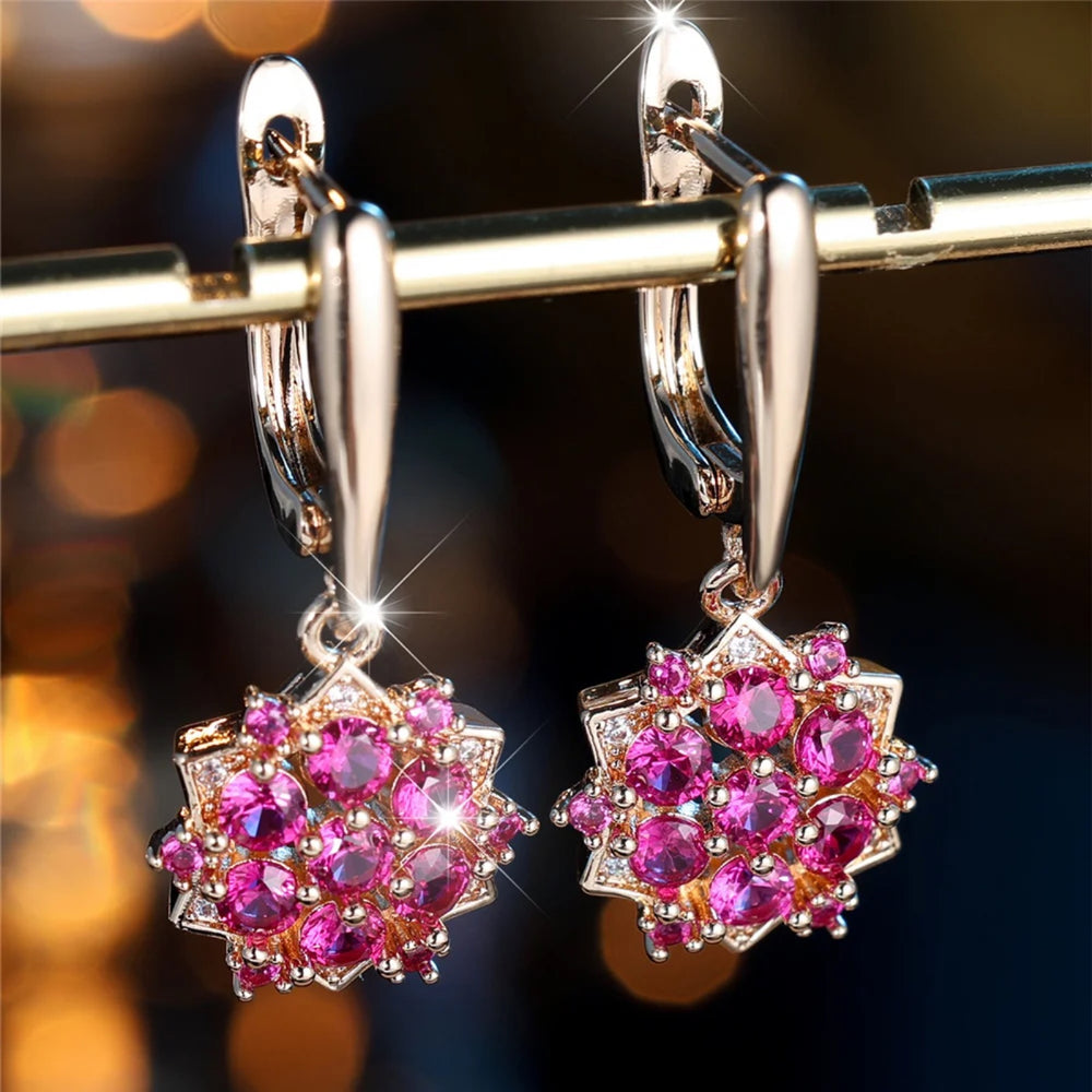 Champagne Gold-Tone Ruby-Red Crystal Sunflower Drop Earrings
