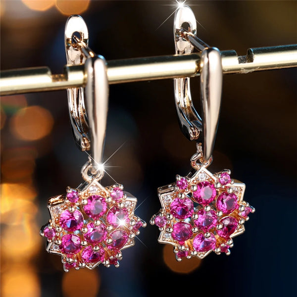 Champagne Gold-Tone Ruby-Red Crystal Sunflower Drop Earrings