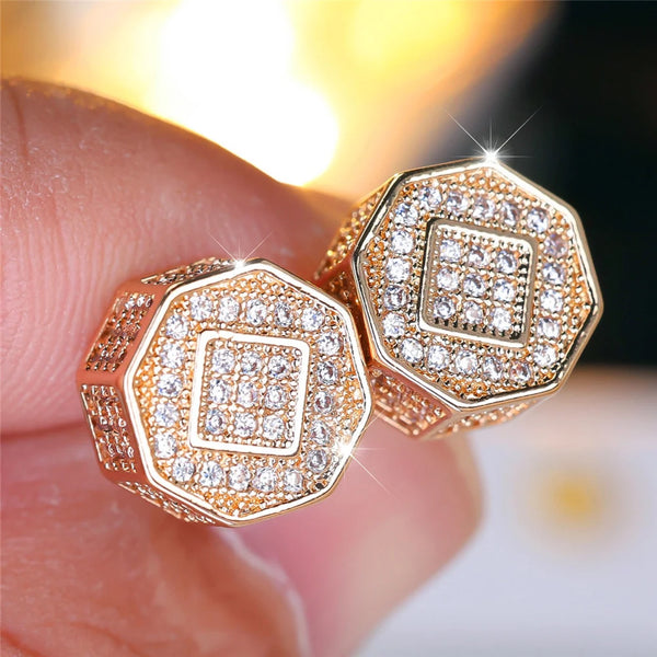 Gold-Tone White Crystal Pave Geometric Octagon Stud Earrings