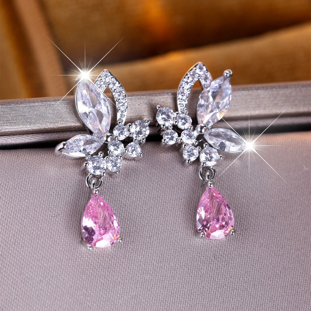 Silver-Tone Pink Teardrop & White Marquise Crystal Drop Earrings