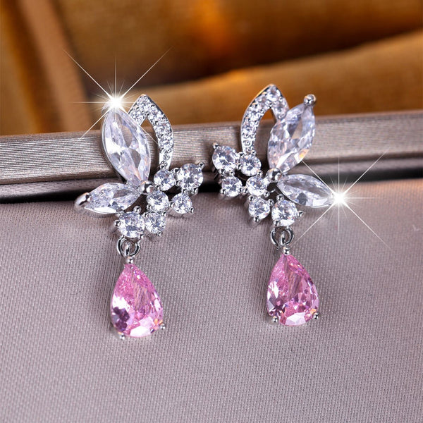 Silver-Tone Pink Teardrop & White Marquise Crystal Drop Earrings