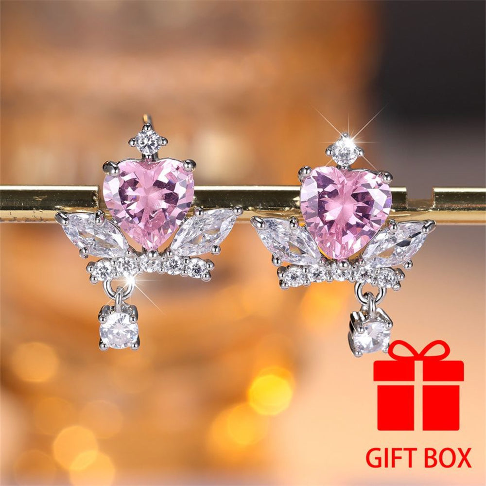 Silver-Tone Pink Heart Crystal Crown Stud Earrings