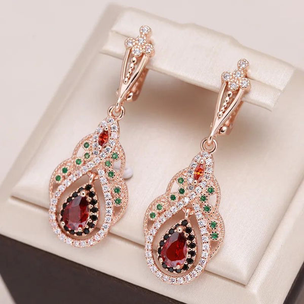 Champagne Gold-Tone Garnet-Red Crystal Teardrop Leaf Drop Earrings