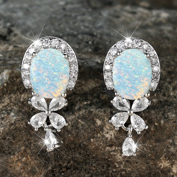Silver-Tone Oval White Simulated Opal Halo Stud Earrings With Flower Drop