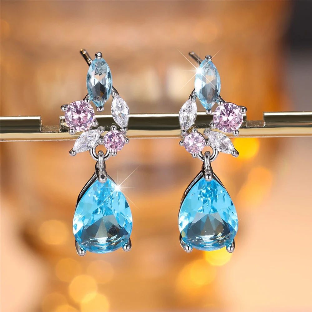 Silver-Tone Aqua-Blue Teardrop & Marquise Crystal Drop Earrings