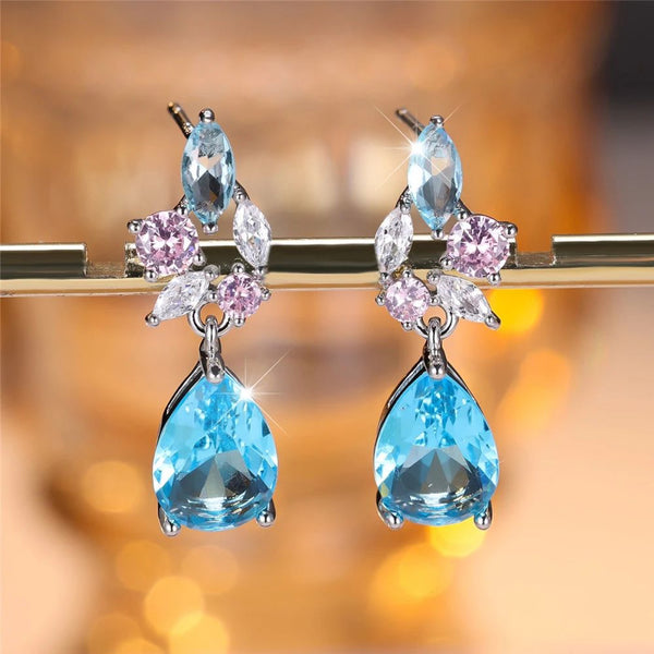 Silver-Tone Aqua-Blue Teardrop & Marquise Crystal Drop Earrings