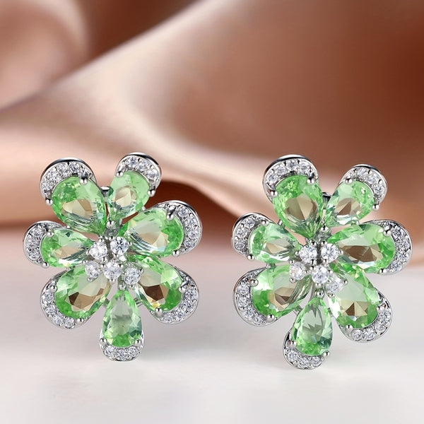 Silver-Tone Apple Green Pear Crystal Flower Stud Earrings