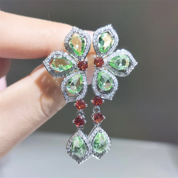 Silver-Tone Apple Green Crystal Flower Tassel Drop Earrings