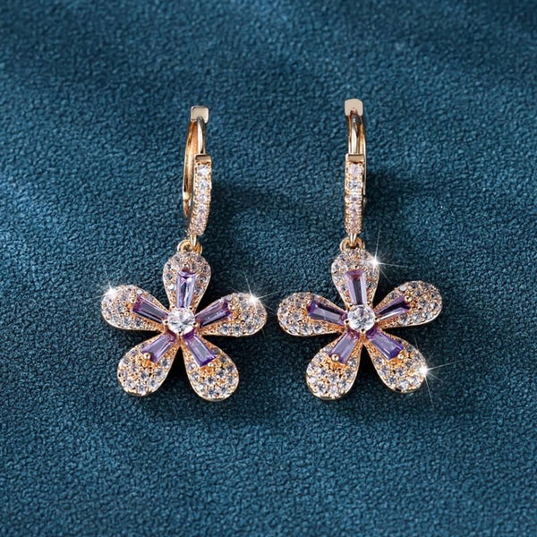 Champagne Gold-Tone Purple Crystal Five-Petal Flower Huggie Earrings