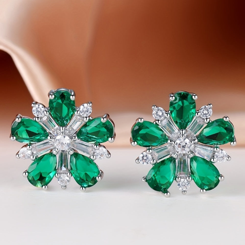 Silver-Tone Emerald-Green Pear Crystal Flower Stud Earrings