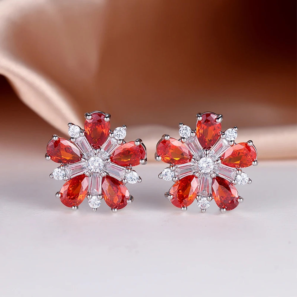 Silver-Tone Garnet-Red Pear Crystal Snowflake Flower Stud Earrings