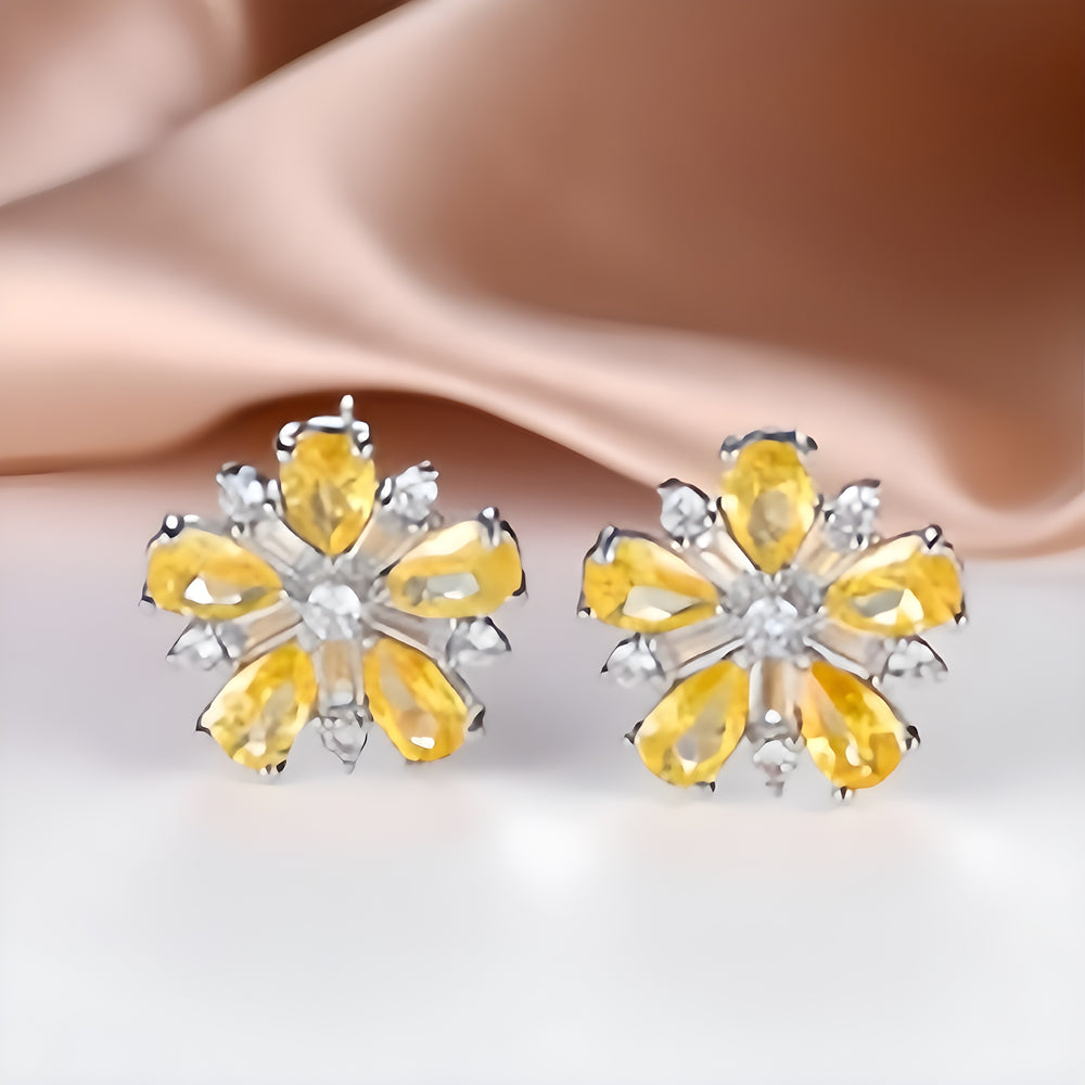 Silver-Tone Yellow Pear Crystal Five-Petal Flower Stud Earrings