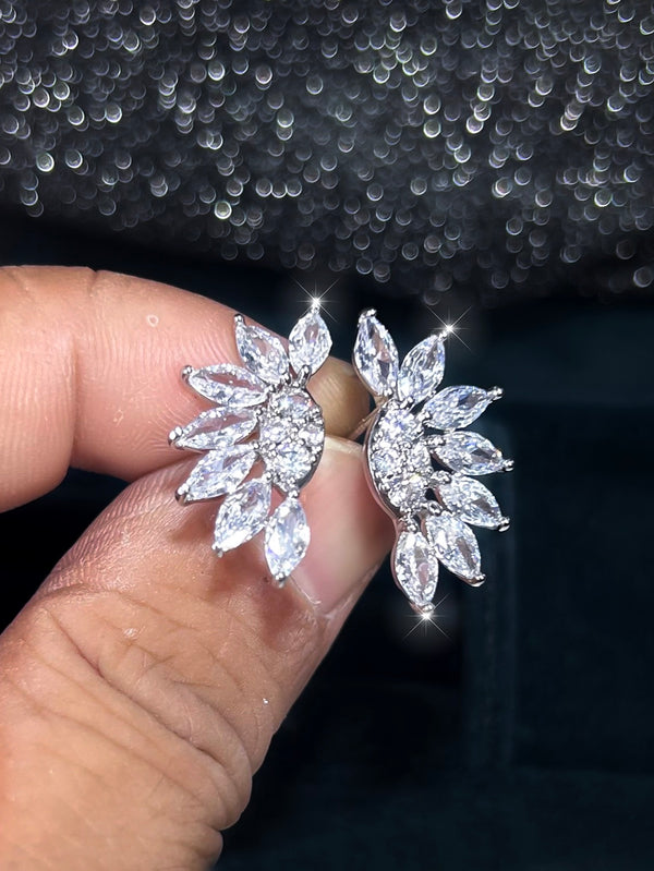 Silver-Tone White Crystal Marquise Fan Flower Stud Earrings