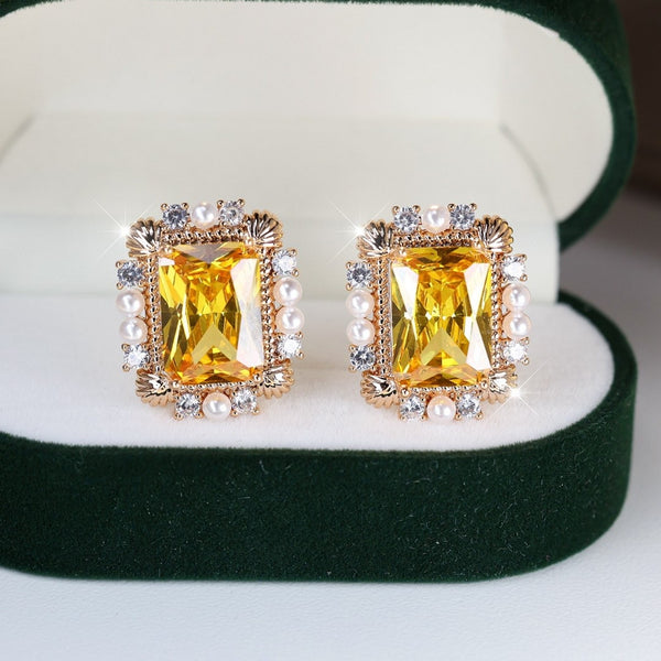Gold-Tone Haloed White Baguette Crystal Drop Earrings