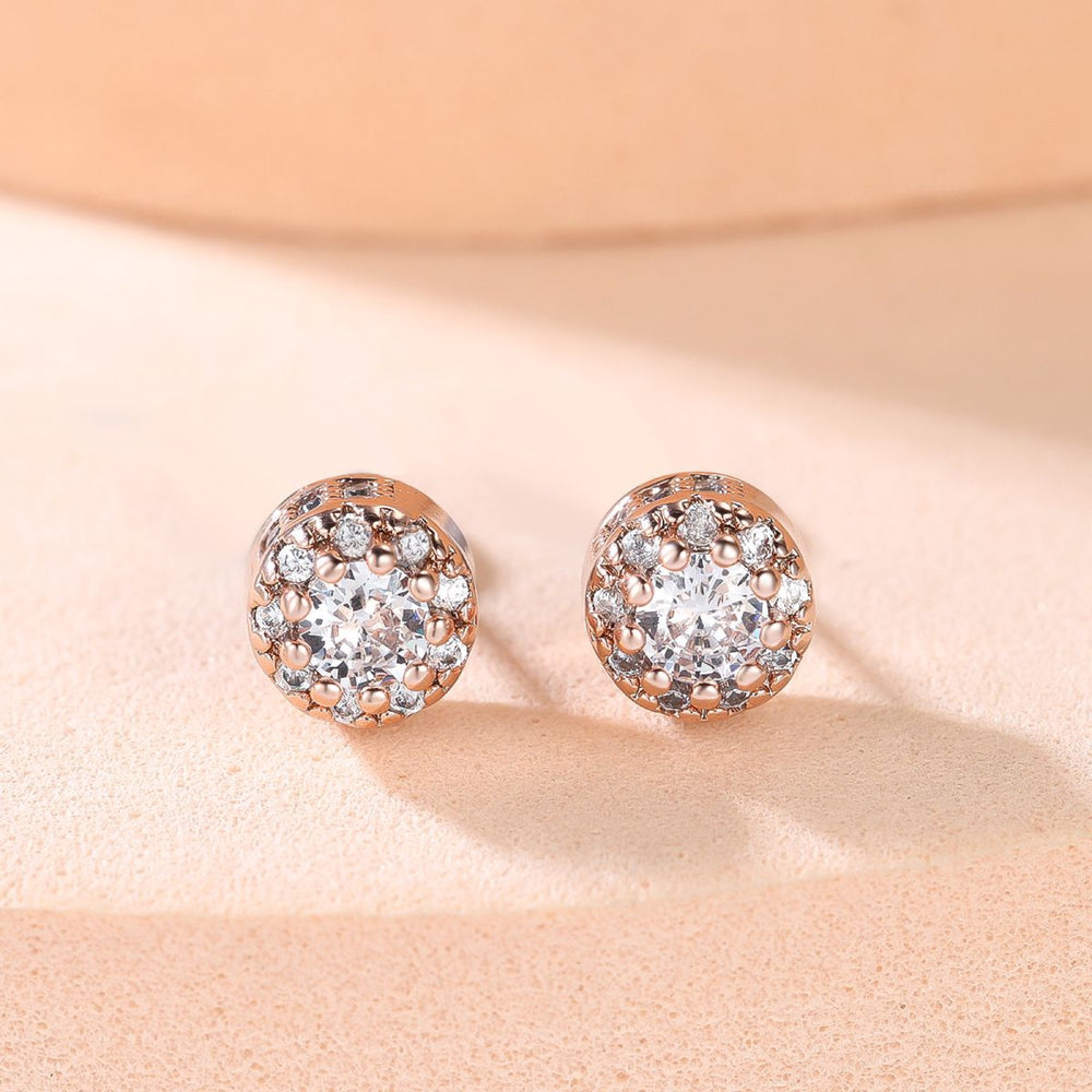 Gold-Tone White Crystal Round Halo Pave Stud Earrings