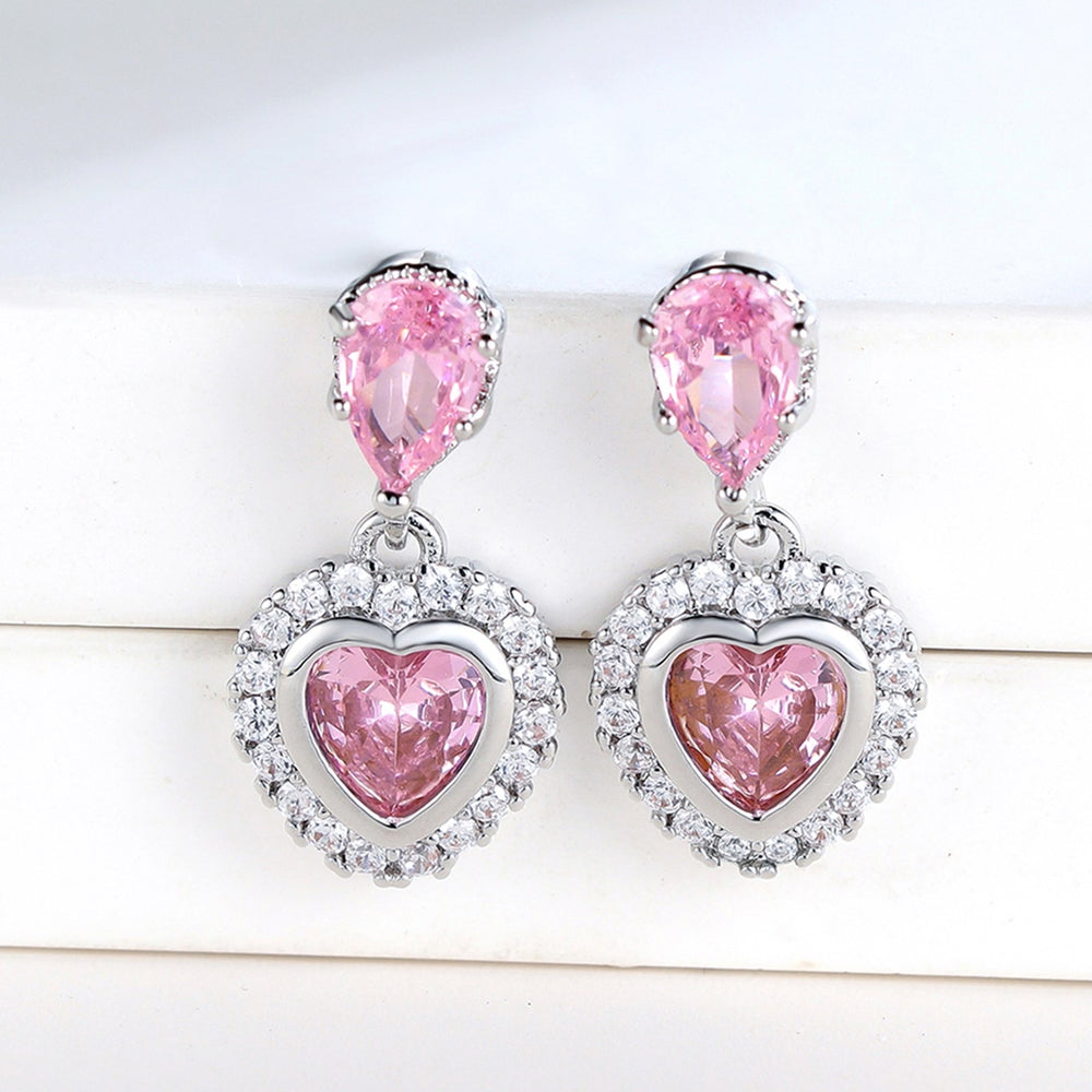 Silver-Tone Haloed Pink Heart Crystal Stud Earrings