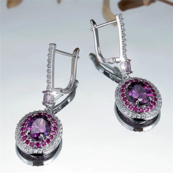 Silver-Tone Purple Oval Crystal Ruby-Red & White Halo Drop Earrings