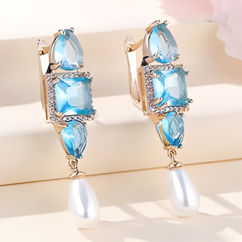 Champagne Gold-Tone Sky Blue Crystal Simulated Pearl Drop Earrings