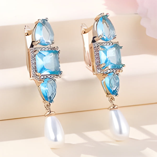 Champagne Gold-Tone Sky Blue Crystal Simulated Pearl Drop Earrings