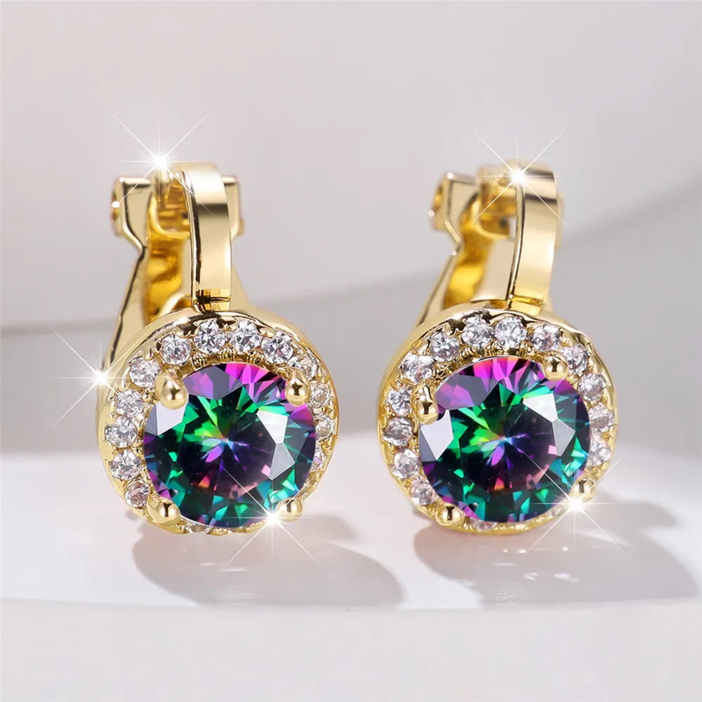 Gold-Tone Iridescent Multicolor Crystal Halo Clip-On Earrings