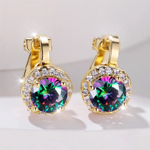 Gold-Tone Iridescent Multicolor Crystal Halo Clip-On Earrings