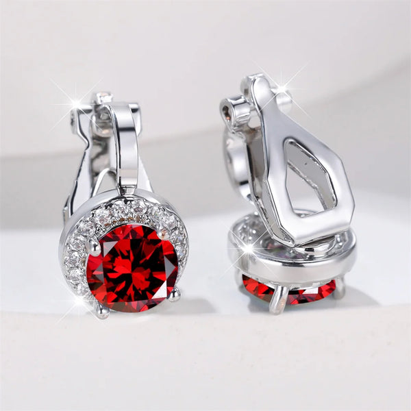Silver-Tone Red Crystal Round Halo Clip-On Stud Earrings