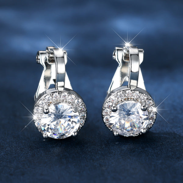 Silver-Tone White Crystal Round Halo Clip-On Stud Earrings