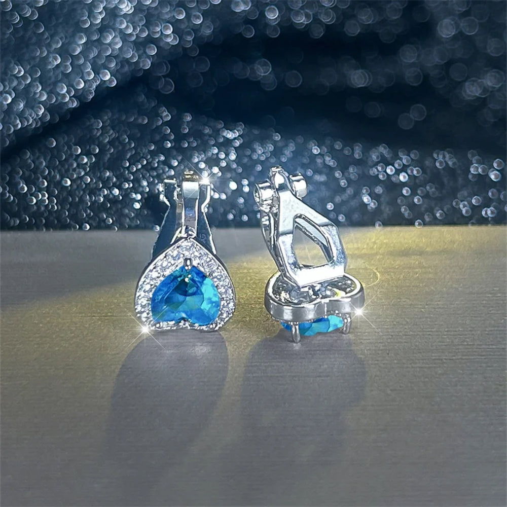 Silver-Tone Aqua Blue Crystal Heart Halo Clip-On Earrings