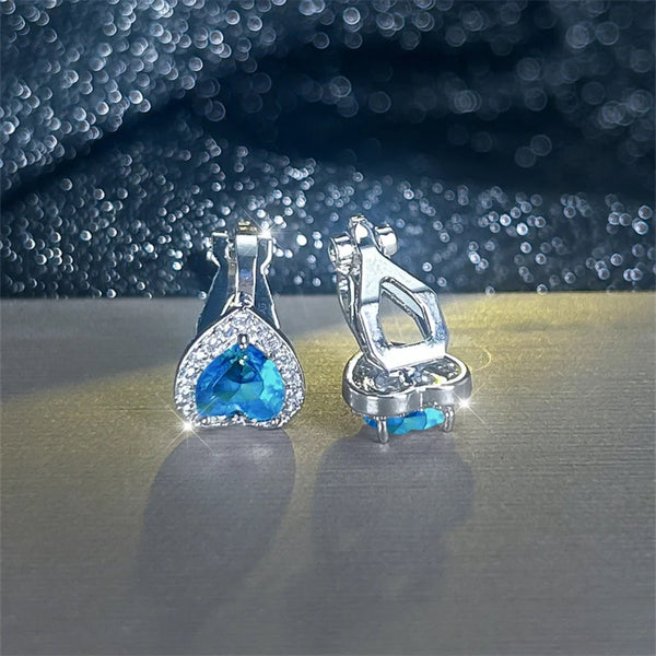 Silver-Tone Aqua Blue Crystal Heart Halo Clip-On Earrings