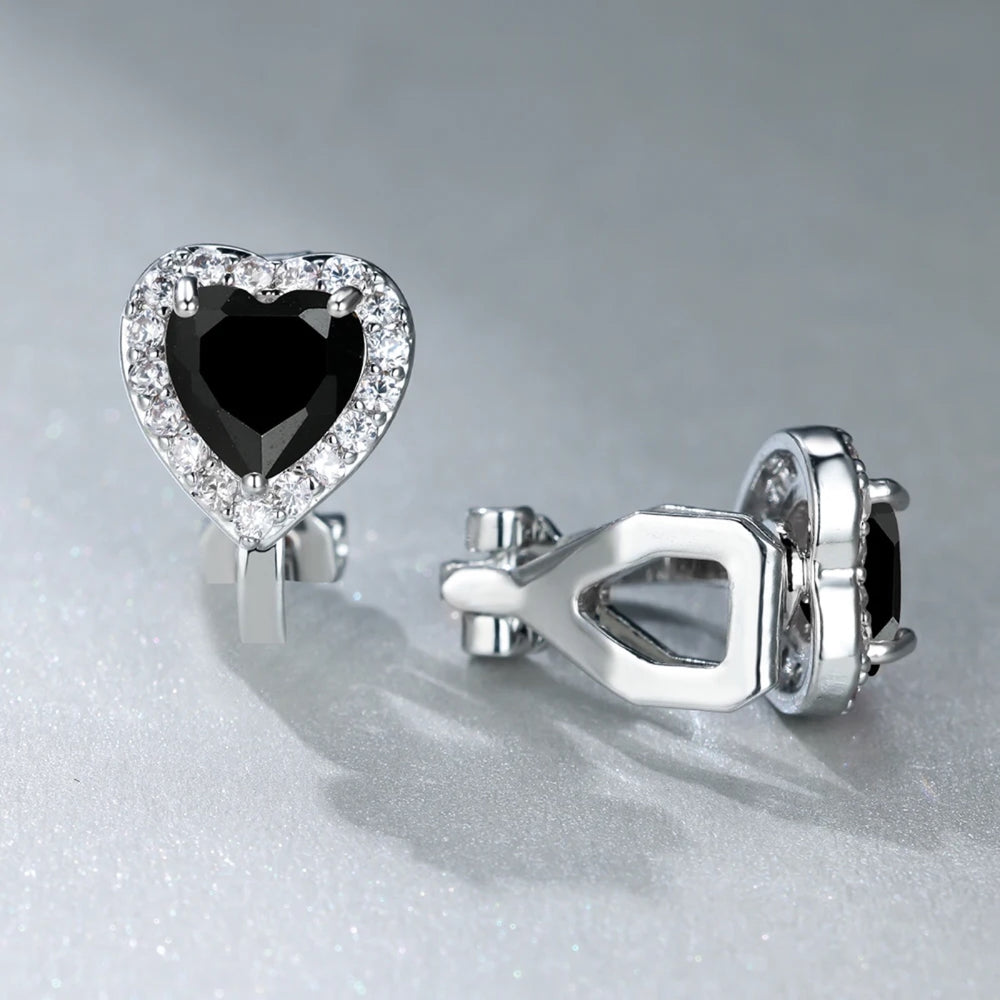 Silver-Tone Black Crystal Heart Halo Clip-On Stud Earrings