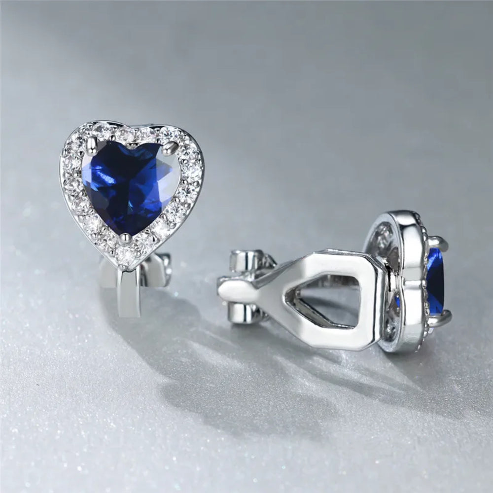 Silver-Tone Royal Blue Crystal Heart Halo Clip-On Stud Earrings