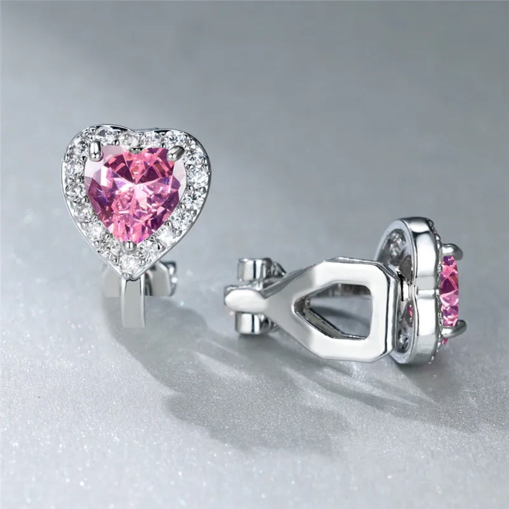 Silver-Tone Pink Crystal Heart Halo Clip-On Stud Earrings