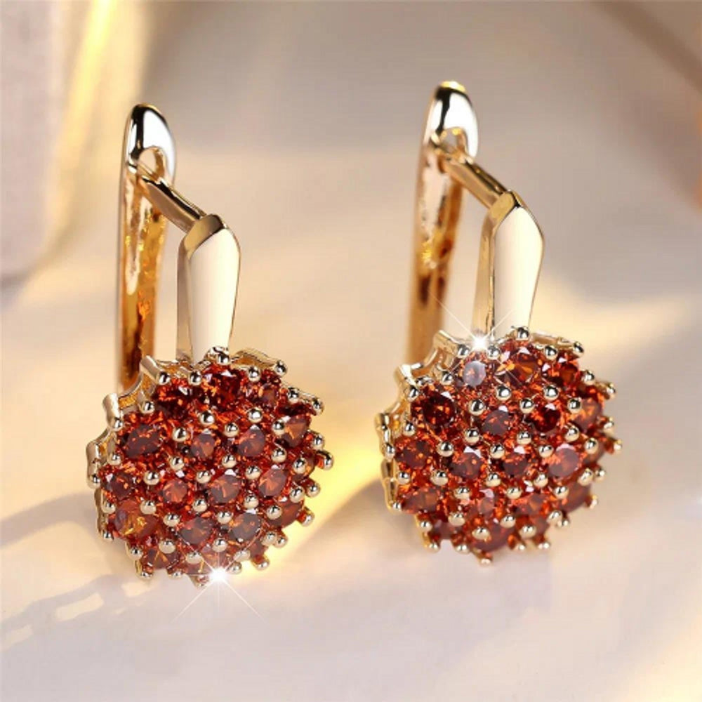 Champagne Gold-Tone Garnet Red Crystal Sunflower Drop Earrings