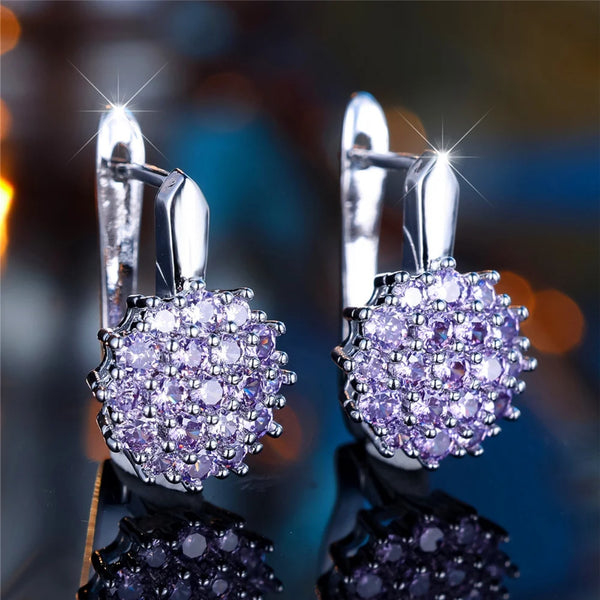 Silver-Tone Purple Crystal Cluster Sunflower Huggie Earrings