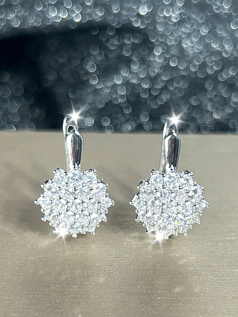 Silver-Tone White Crystal Flower Cluster Huggie Earrings