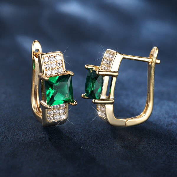 Gold-Tone Emerald-Green Square Crystal Pave Huggie Earrings
