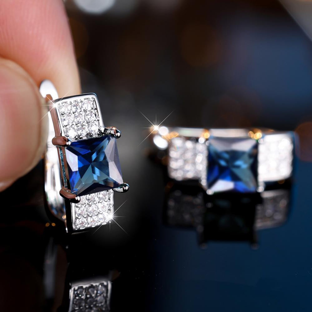 Silver-Tone Royal Blue Crystal Princess-Cut Huggie Hoop Earrings
