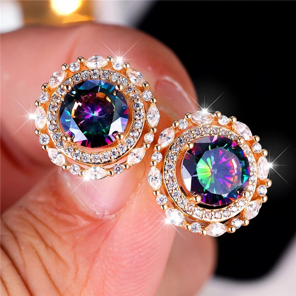 Gold-Tone Haloed Iridescent Round Crystal Stud Earrings