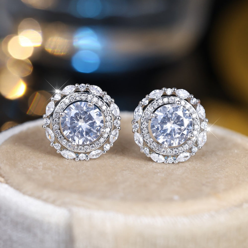 Silver-Tone White Crystal Round Halo Marquise Stud Earrings
