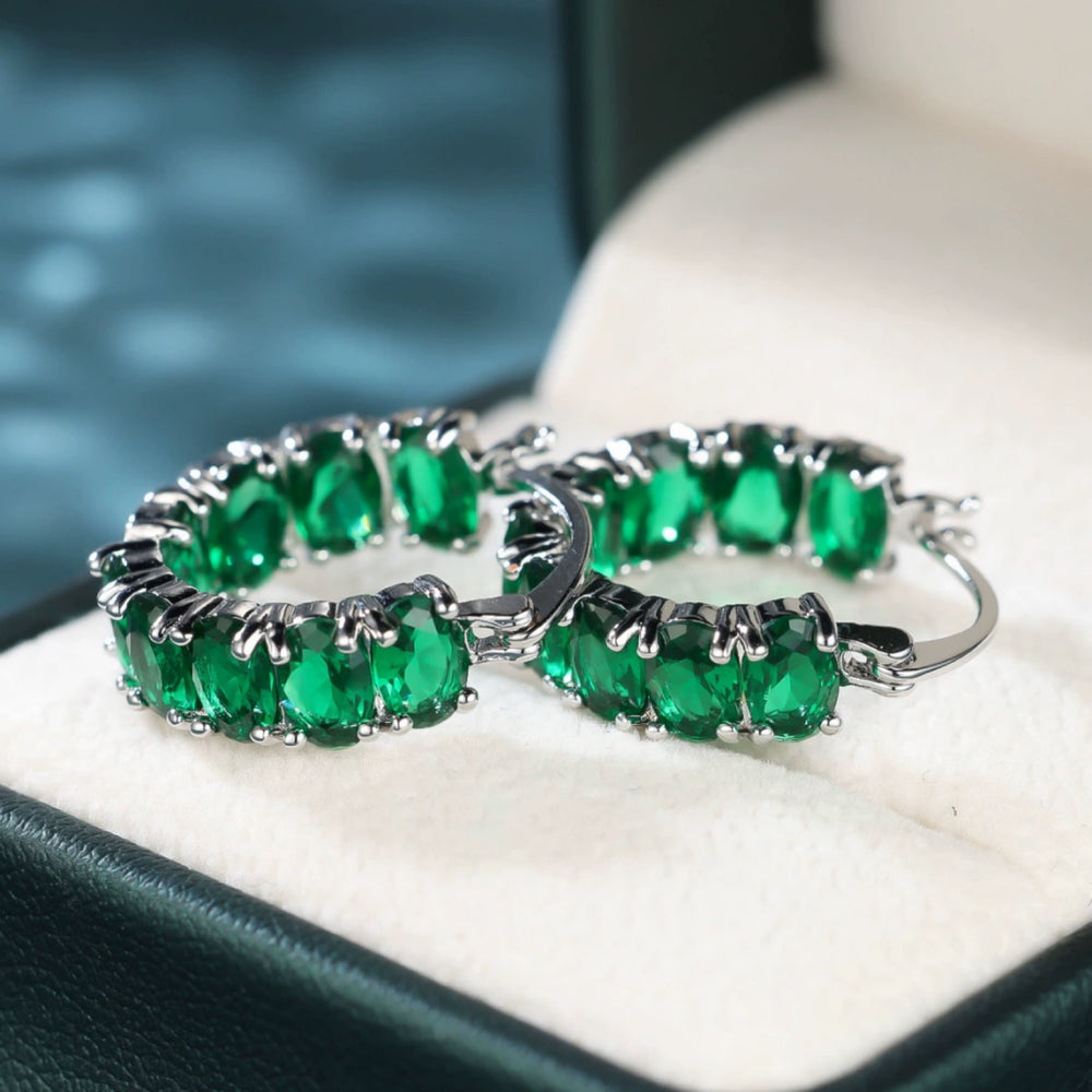 Silver-Tone Emerald-Green Oval Glass Inside-Out Hoop Earrings