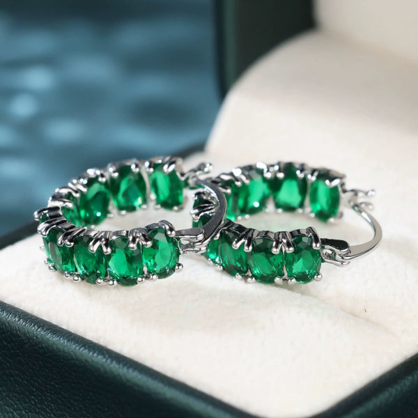 Silver-Tone Emerald-Green Oval Glass Inside-Out Hoop Earrings