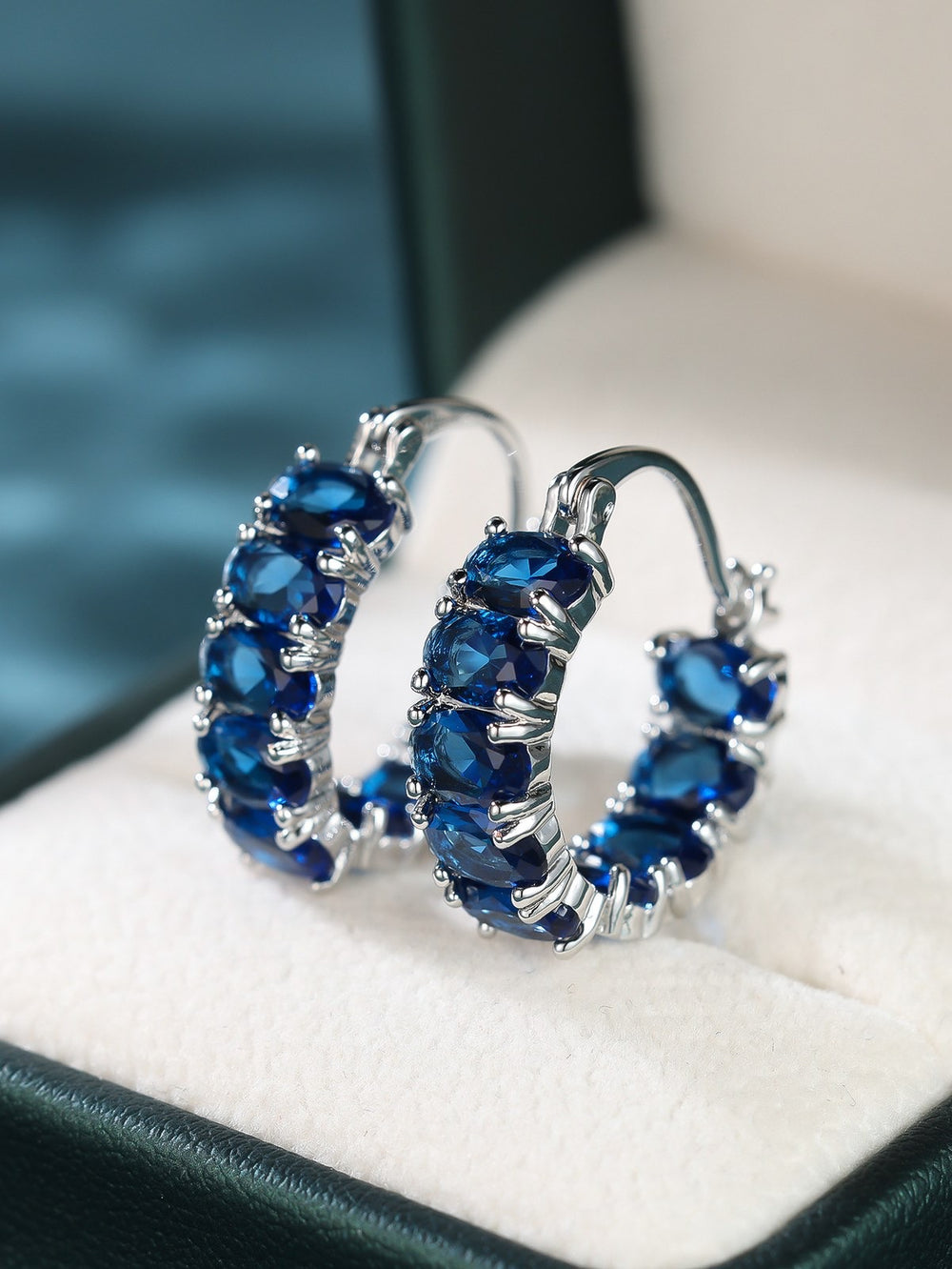 Silver-Tone Royal Blue Glass Stone Egg-Shape Huggie Earrings