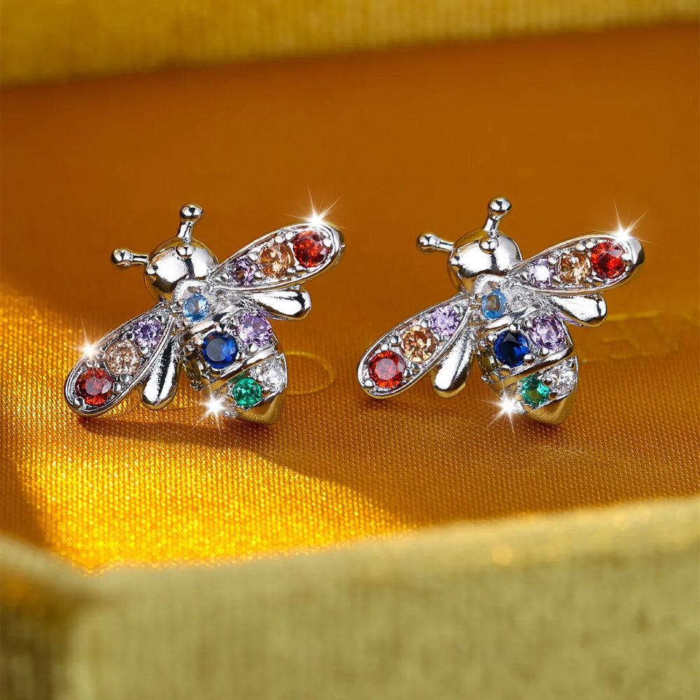 Silver-Tone Multicolor Crystal Bumblebee Stud Earrings