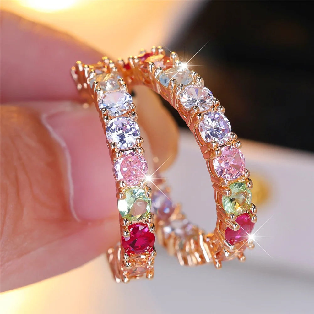 Gold-Tone Rainbow Round Crystal Full-Circle Hoop Earrings